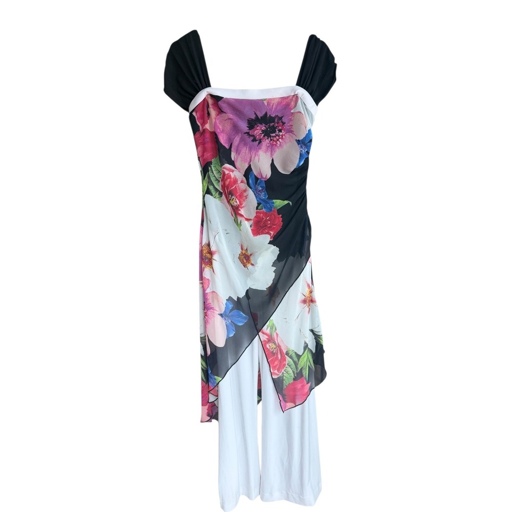Joseph Ribkoff Womens Floral Asymmetric Wide Leg Jumpsuit Art to Wear Size 8